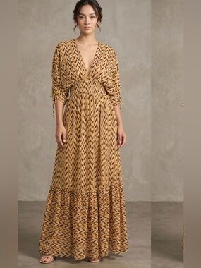 Fashion Nova Mustard & Brown Zigzag Maxi Dress Size Large NWT